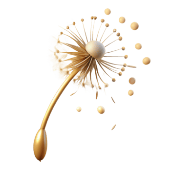 breathtaking ethereal elegant A single dandelion seedhead with seeds blowing in the wind, golden hour lighting, whimsical style museum quality png