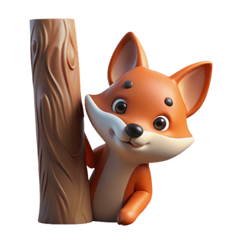 extraordinary inspired A curious fox peering out from behind a tree, illuminated by soft morning light, illustrated in a storybook style png