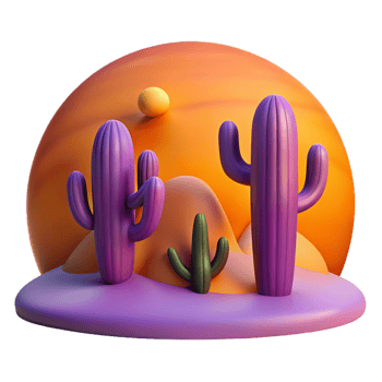 dramatic majestic A desert landscape at sunset, warm orange and purple hues, cacti silhouettes, minimalist style fine detail png