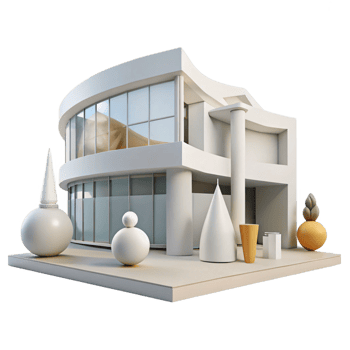 dramatic serene A modern art museum with stark white walls, large windows, abstract sculptures, bright natural light artisan png