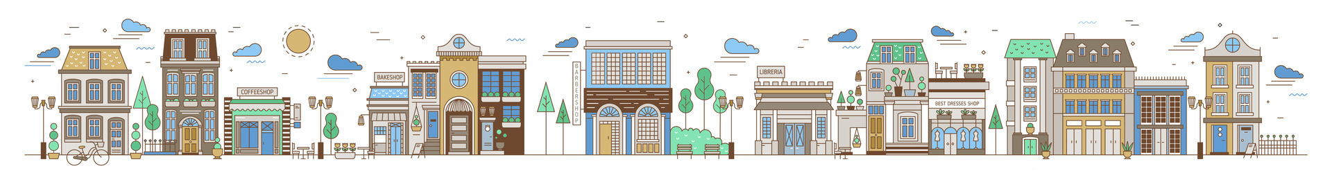 Horizontal urban landscape with city or town street or neighborhood. Cityscape with residential houses, stores and coffeeshops on white background. Colorful illustration in line art style. vector
