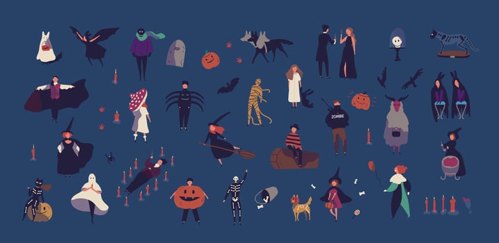 Crowd of tiny people dressed in various Halloween costumes isolated on dark background. Male and female cartoon characters at party or masquerade ball. Colorful illustration in flat style. vector