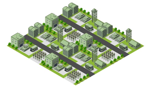 Military base layout with tanks and buildings vector