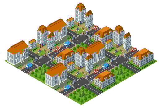 Isometric city center with people walking and driving cars vector