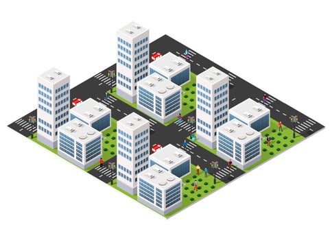 Isometric city layout with buildings and roads vector