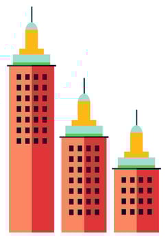 Three tall buildings with yellow tops and green roofs vector