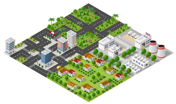 Isometric city with houses, factories and trees vector