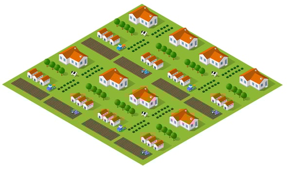 Isometric illustration of a village with houses and trees vector