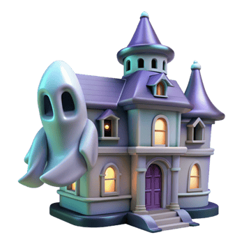 iconic tropical A spectral ghost haunting a crumbling mansion, its translucent form glowing faintly. Cool, eerie lighting, horror style artisan png