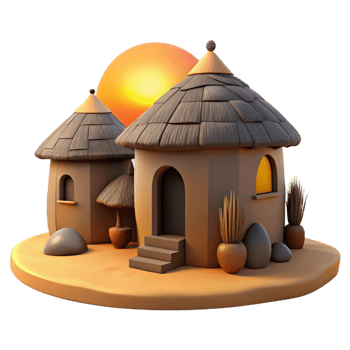 melancholic majestic A traditional African mud hut village, warm sunset lighting, peaceful atmosphere, impeccable png