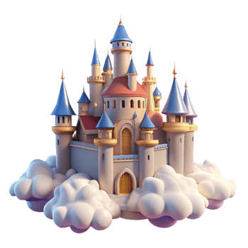 playful magnificent A majestic castle floating in the clouds, soft sunlight, dreamlike and romantic style original png