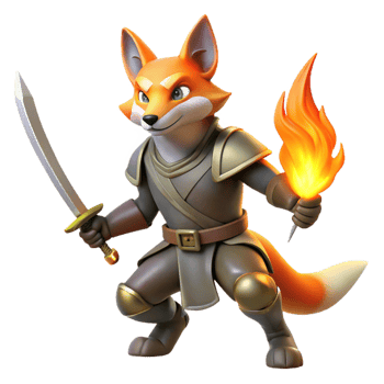 elegant joyful futuristic A fierce, anthropomorphic fox knight wielding a flaming scimitar, dramatic backlighting, comic book style impeccable png