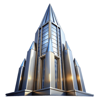 peaceful beautiful Art Deco skyscraper, chrome and glass, sharp angles, volumetric lighting, high contrast, stylized, museum quality png