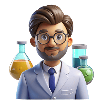 standout industrial Portrait of a curious scientist with glasses and a thoughtful expression, surrounded by laboratory equipment, lit by fluorescent lights, scientific illustration style impeccable png