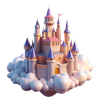 harmonious dazzling A majestic castle floating in the clouds, soft sunlight, dreamlike and romantic style authentic png