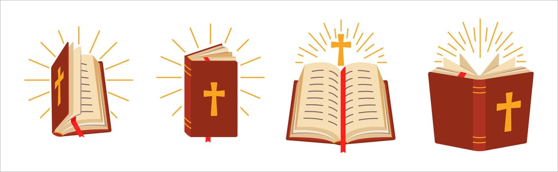 Bible Logo Set. Open Book, Cross, Light Rays Symbols. Religious Retro Pack vector