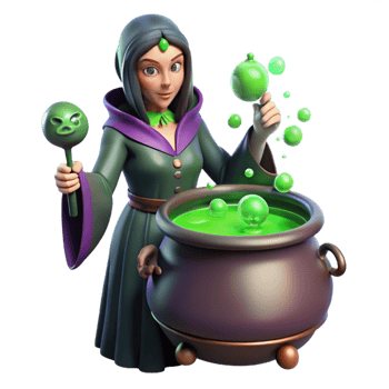 mesmerizing coveted A mysterious sorceress brewing a potion in a cauldron, surrounded by bubbling vials and strange ingredients. Green, eerie lighting, gothic horror style png