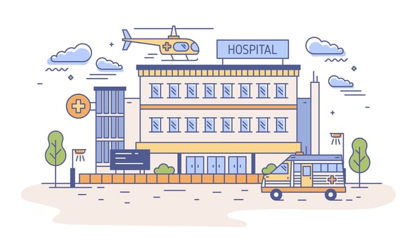 Hospital, rehabilitation center or emergency department building with helicopter landing on top of it and ambulance. Medical institution providing first aid. illustration in line art style. vector