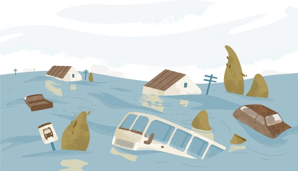 Flooded city or town. Houses, cars, trees, road signs submerged. Buildings and automobiles covered with water. Natural disaster, weather hazard. Colorful illustration in flat cartoon style. vector