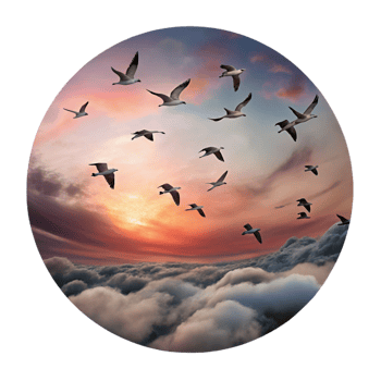 picturesque joyful geometric A flock of migratory birds flying in formation against a dramatic sunset sky, painted in a romantic style authentic png