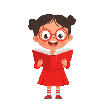 A cheerful girl with glasses holding a book, wearing a red dress, showcasing joy in reading. Perfect for educational themes or children's content. png