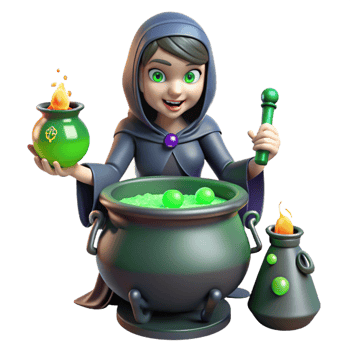 vibrant signature A mysterious sorceress brewing a potion in a cauldron, surrounded by bubbling vials and strange ingredients. Green, eerie lighting, gothic horror style png