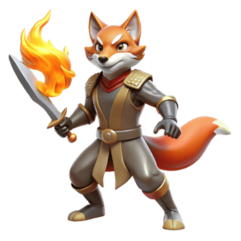 magnificent quintessential A fierce, anthropomorphic fox knight wielding a flaming scimitar, dramatic backlighting, comic book style png