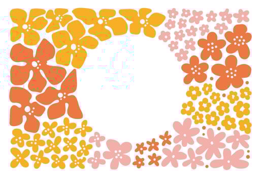 Groovy abstract flower frame. Organic doodle shapes in trendy naive retro hippie 60s 70s style. Vintage Floral botanic flat illustration in pink, yellow, red colors. vector