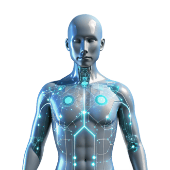 exquisite retro A transparent human figure with glowing circuitry visible beneath the skin, surrounded by data streams, illuminated by a soft white light, in a cyberpunk style expertly shot png