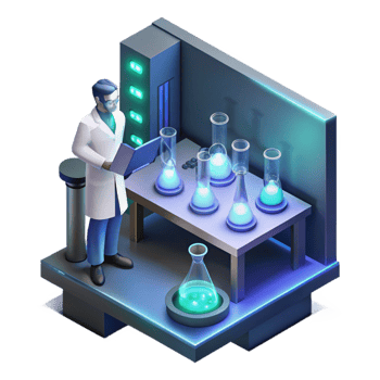 energetic pristine A lone scientist working in a high tech laboratory, surrounded by bubbling beakers and glowing screens, cool lighting, isometric view, pixel art, flawless png