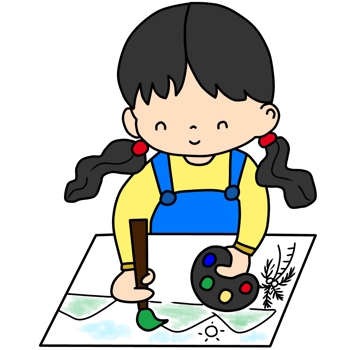 A hand-draw cartoon of a little girl coloring on paper png