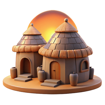 calm sumptuous A traditional African mud hut village, warm sunset lighting, peaceful atmosphere, genuine png