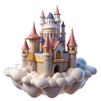 quintessential bohemian A majestic castle floating in the clouds, soft sunlight, dreamlike and romantic style detailed png