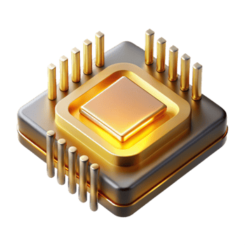 majestic romantic industrial A single microchip, magnified to reveal its complex layers and pathways, glowing with an inner golden light, rendered in a photorealistic style 4K png