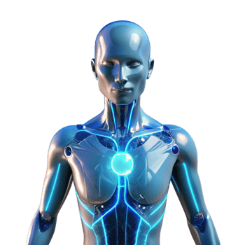 elegant rare A transparent human figure, its internal organs replaced with glowing circuitry, illuminated by a cool, blue light, cyberpunk style png