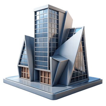 intense vibrant A decontructivist office building, sharp angles, distorted forms, dramatic lighting, authentic png