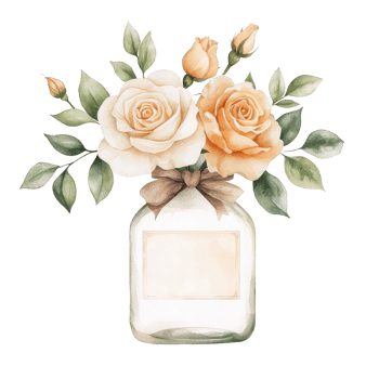 Beautiful bouquet of soft-colored roses arranged in a glass jar, complemented by green leaves, perfect for home decor or floral designs. png