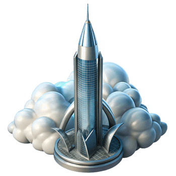 dramatic distinguished A futuristic skyscraper piercing the clouds, sleek metallic design, bright sunlight, high angle perspective, sense of height and ambition png