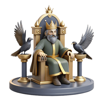 exquisite exemplary A wise Odin perched on his throne, ravens circling overhead, Norse mythology style, grand, regal lighting png