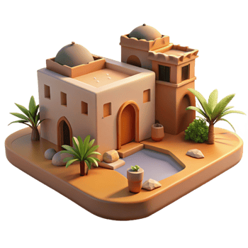 enchanting inspired A desert oasis with traditional mud brick architecture, warm sunset lighting, peaceful atmosphere, png