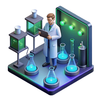 beautiful unparalleled A lone scientist working in a high tech laboratory, surrounded by bubbling beakers and glowing screens, cool lighting, isometric view, pixel art, png