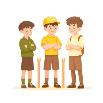 Three animated boys standing together with friendly expressions, dressed in casual summer attire, showcasing a fun and adventurous spirit. png