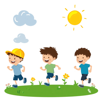 Three cheerful boys running on a sunny day, enjoying outdoor play. Bright colors and a lively atmosphere create a fun scene of childhood joy. png