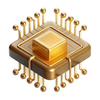 radiant iconic A single microchip, magnified to enormous scale, intricate pathways glowing with golden light, viewed from a microscopic perspective, rendered in a photorealistic style png