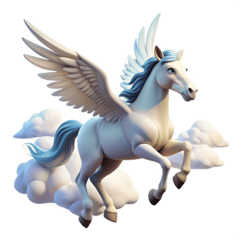 pristine peaceful elegant A graceful pegasus soaring through the clouds, soft sunlight illuminating its white wings, fantasy art style high quality png
