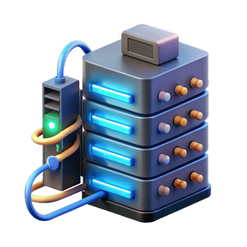 inspired coastal A server rack glowing with activity, cables and wires connecting to various devices, data center setting, realistic style gallery standard png