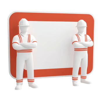 Two construction workers in safety gear stand confidently beside an empty signboard, emphasizing safety and professionalism in the construction industry. png