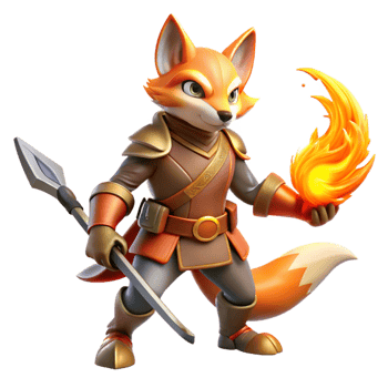 distinctive minimalist A fierce, anthropomorphic fox knight wielding a flaming scimitar, dramatic backlighting, comic book style impeccable png