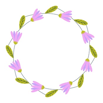Round floral wreath made of purple flowers and green leaves on white background. Flower frame design for wedding invitations, birthday greeting card, mother's day, vector