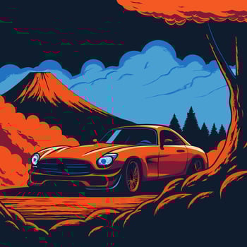 Orange Sports Car Mt Fuji Landscape vector